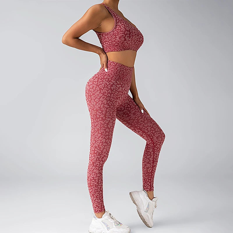 Seamless Yoga Set Leopard Print Leggings Sports Bra Fitness