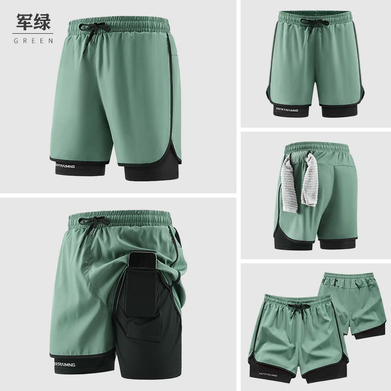 Men's Double Layer Fitness Shorts Men Fitness Gym Training 2 in 1 Sports Shorts