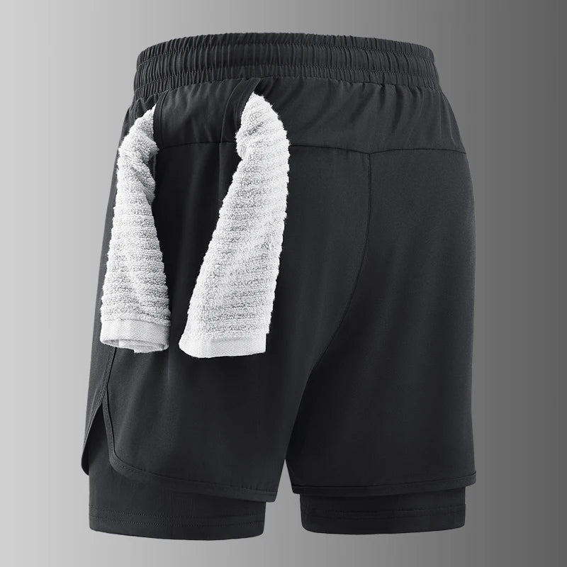 Men's Double Layer Fitness Shorts Men Fitness Gym Training 2 in 1 Sports Shorts