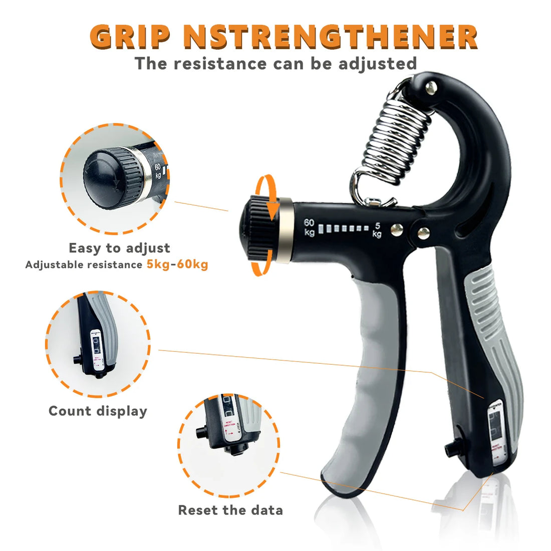 Grip Strength Trainer Adjustable Hand Grip Strengthener 11-132 Lbs (5-60Kg) Gym Rehab Forearm Trainer