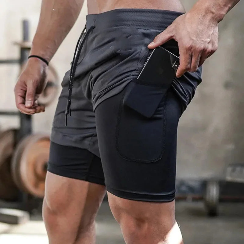 Men's Double Layer Fitness Shorts Men Fitness Gym Training 2 in 1 Sports Shorts