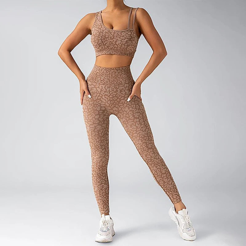 Seamless Yoga Set Leopard Print Leggings Sports Bra Fitness