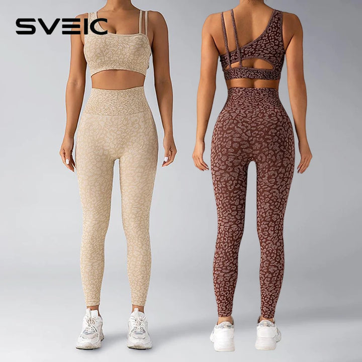 Seamless Yoga Set Leopard Print Leggings Sports Bra Fitness