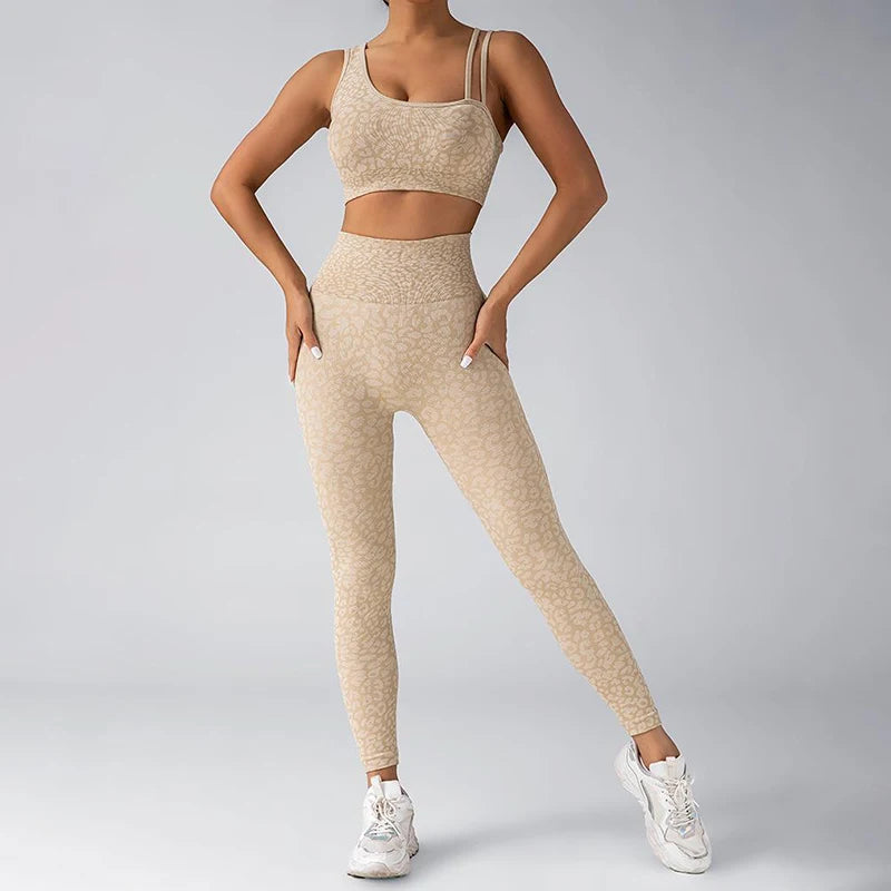 Seamless Yoga Set Leopard Print Leggings Sports Bra Fitness