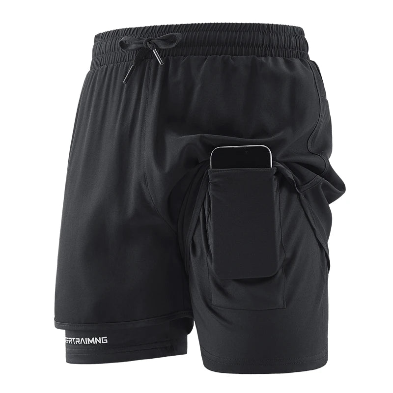 Men's Double Layer Fitness Shorts Men Fitness Gym Training 2 in 1 Sports Shorts