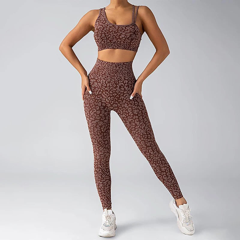 Seamless Yoga Set Leopard Print Leggings Sports Bra Fitness