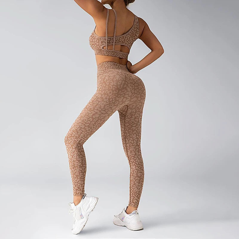Seamless Yoga Set Leopard Print Leggings Sports Bra Fitness