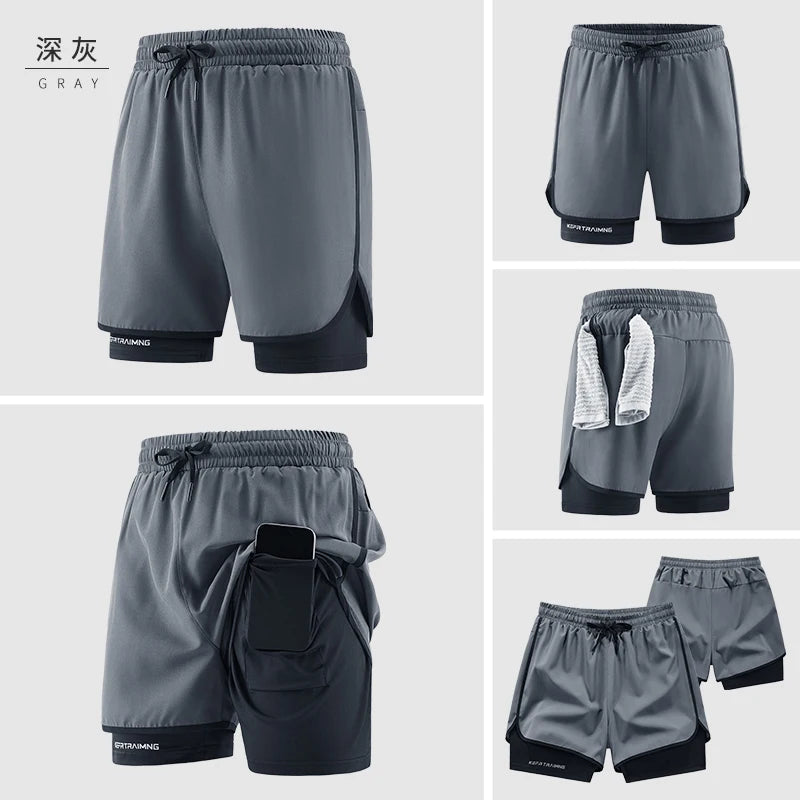 Men's Double Layer Fitness Shorts Men Fitness Gym Training 2 in 1 Sports Shorts