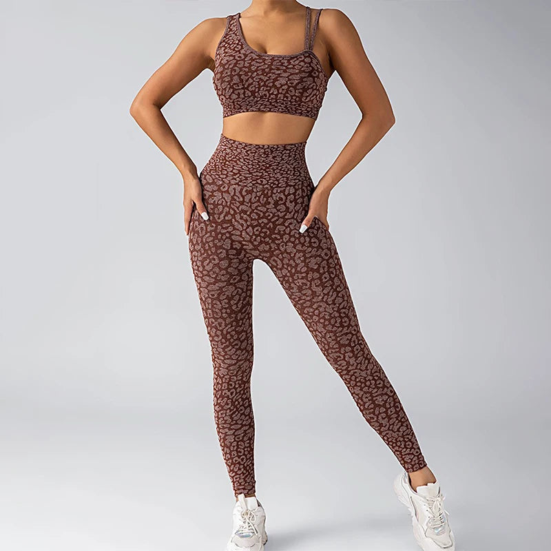 Seamless Yoga Set Leopard Print Leggings Sports Bra Fitness
