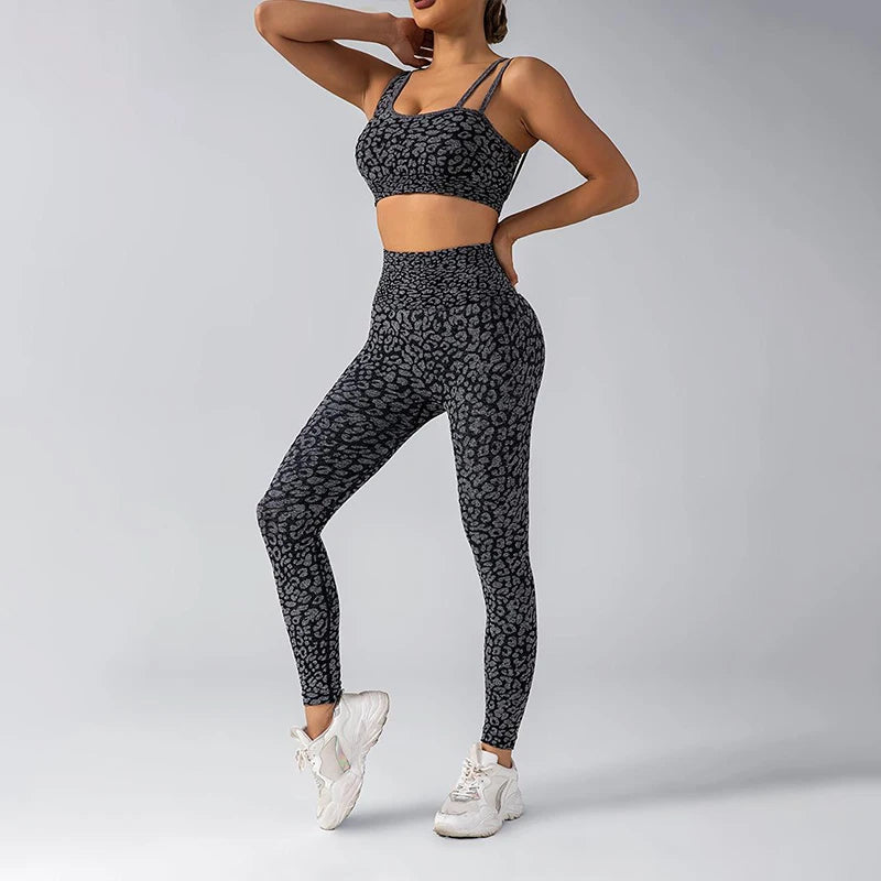 Seamless Yoga Set Leopard Print Leggings Sports Bra Fitness